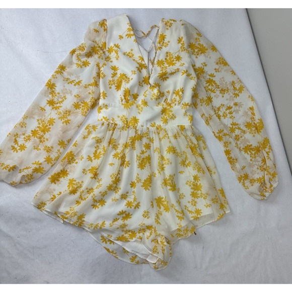 Y2K Tie-Back Show Po Yellow Floral Print Romper Jumpsuit Australia Yellow Small - Picture 1 of 9